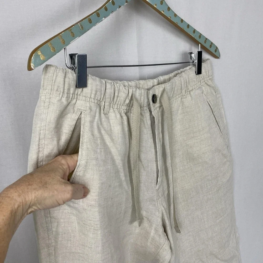 Tasso Elba Pants Mens 38x29 Beige 100% Linen Drawstring Elastic Waist 32x30